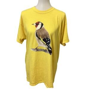 Hand Printed Upcycled Womens Large European Goldfinch Bird Cotton Tee Shirt